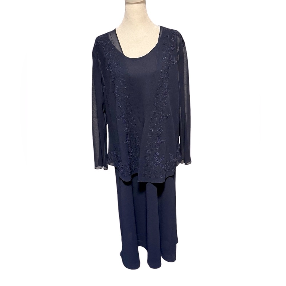 Caribe dressy tank dress and matching jacket with beading. In navy. Size XL EUC